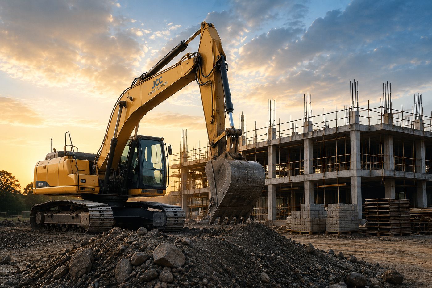 Excavator working at a civil construction site handled by Awoke Ventures